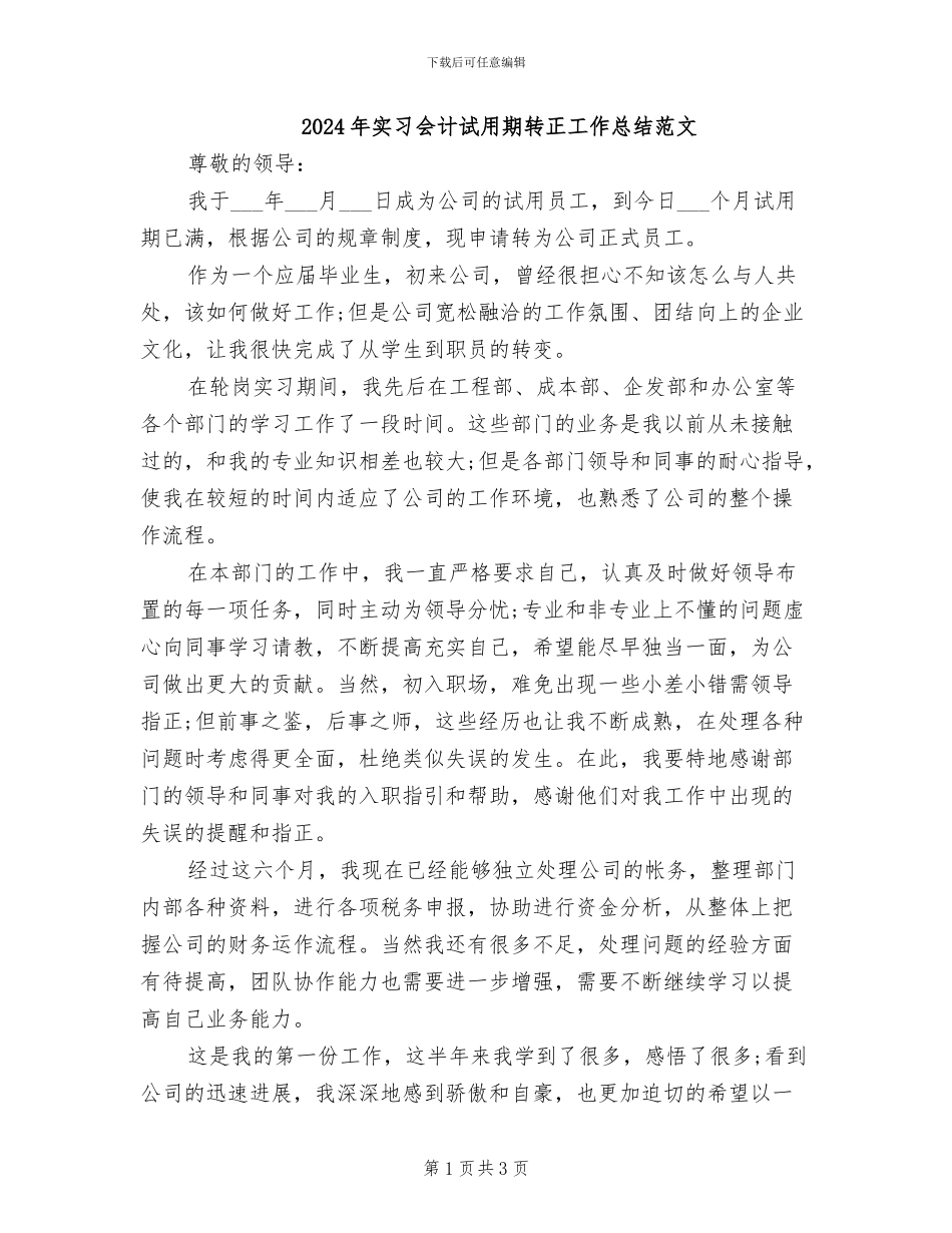 2024年实习会计试用期转正工作总结范文_第1页