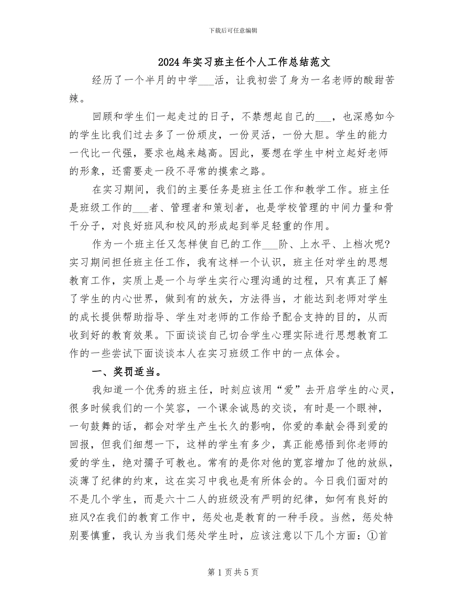 2024年实习班主任个人工作总结范文_第1页