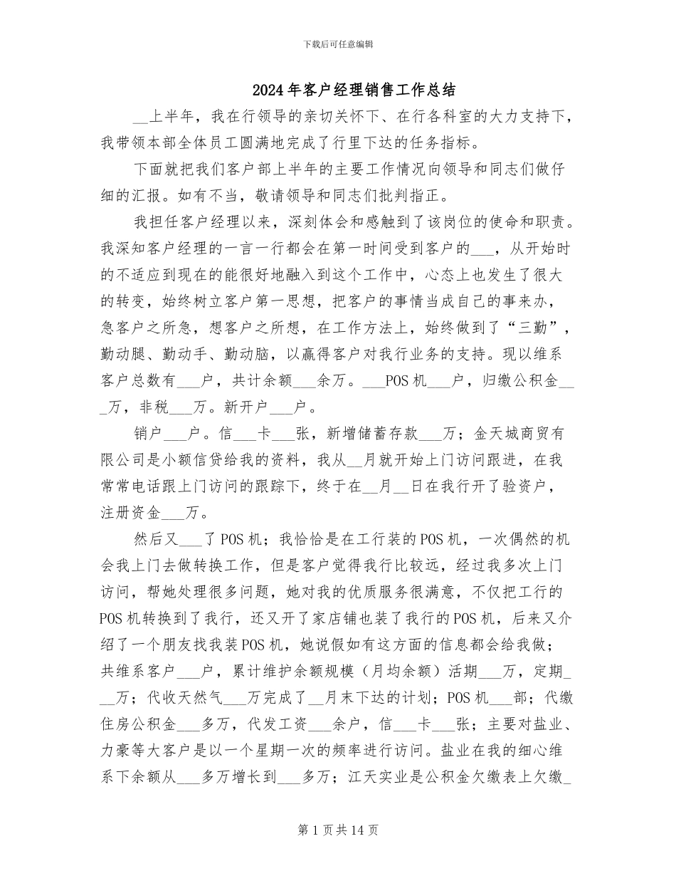 2024年客户经理销售工作总结_第1页