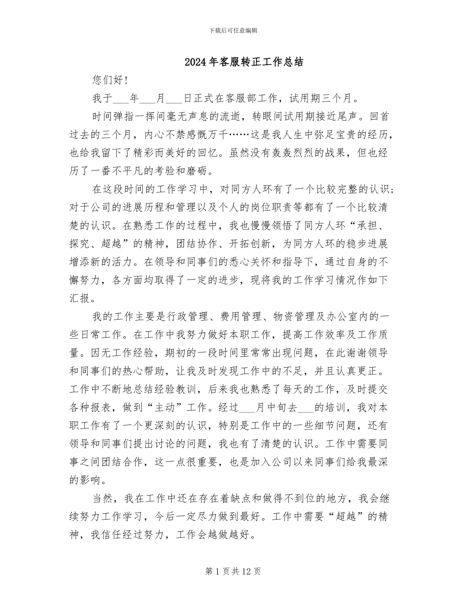 2024年客服转正工作总结_第1页