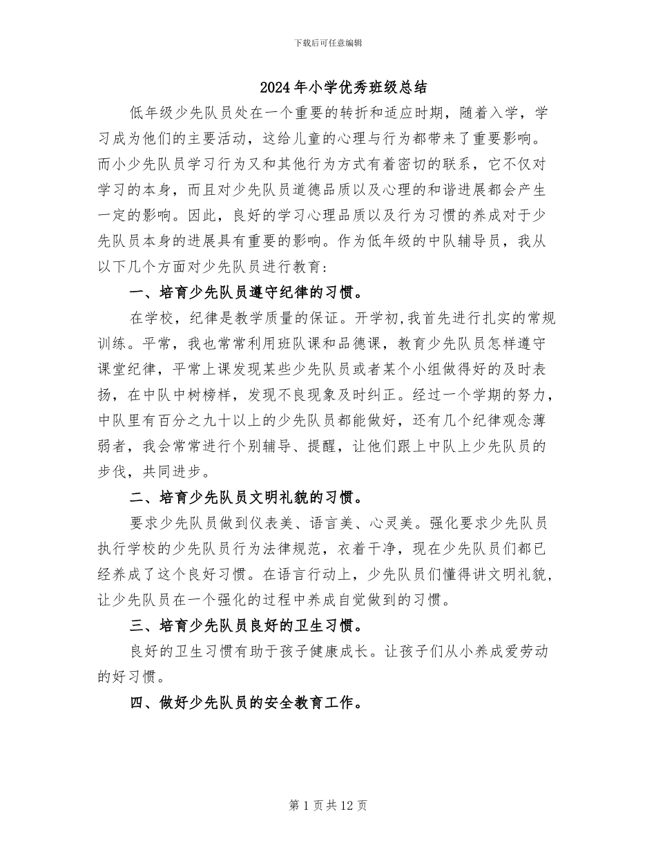 2024年小学优秀班级总结_第1页