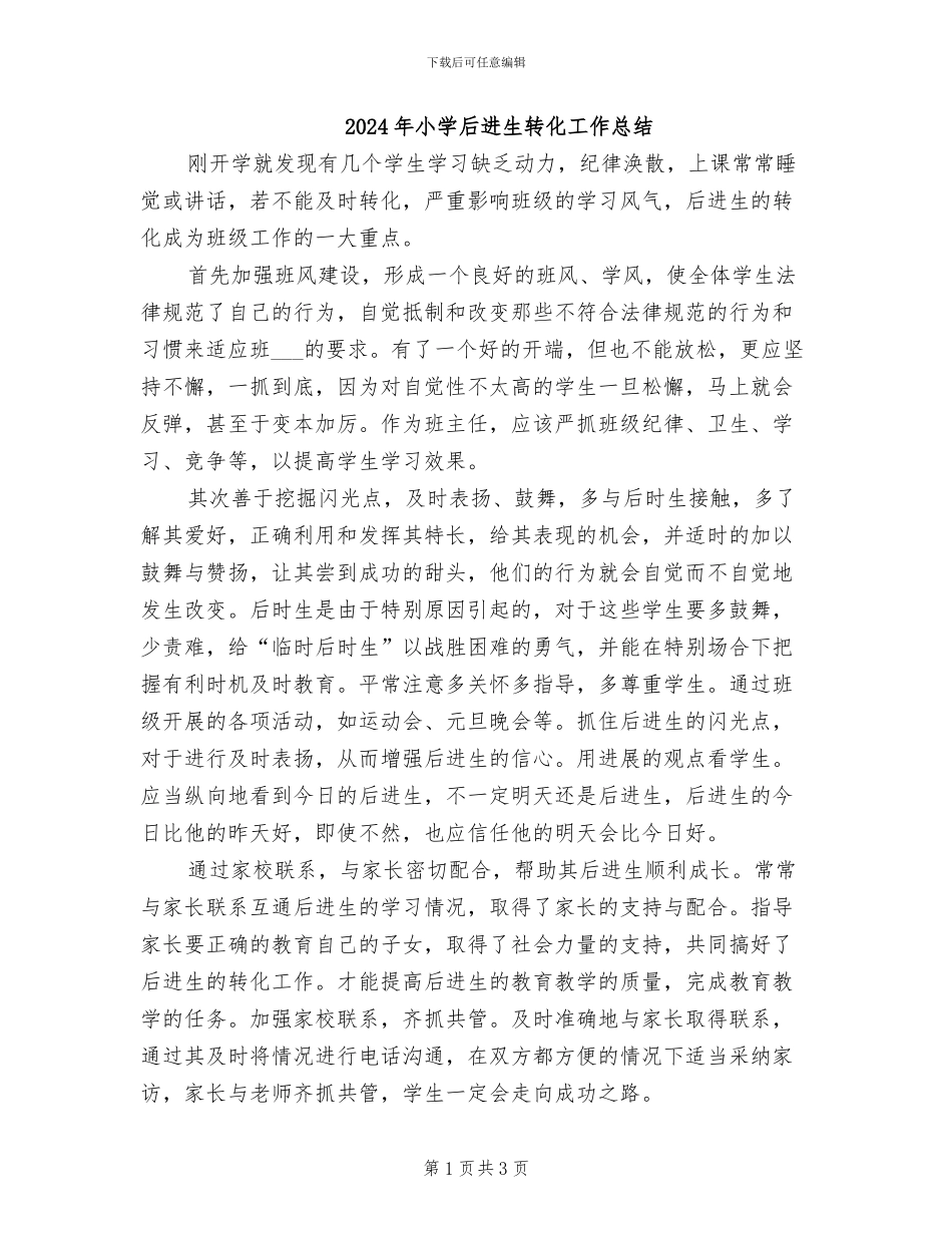 2024年小学后进生转化工作总结_第1页