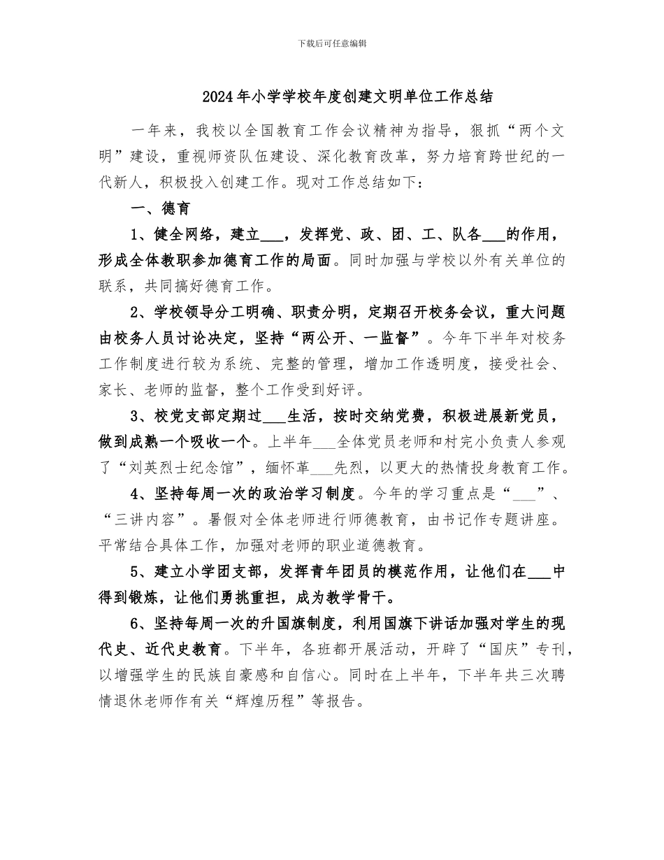 2024年小学学校年度创建文明单位工作总结_第1页