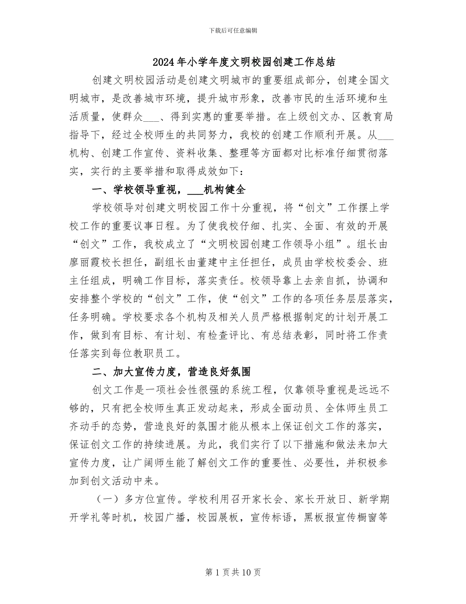 2024年小学年度文明校园创建工作总结_第1页