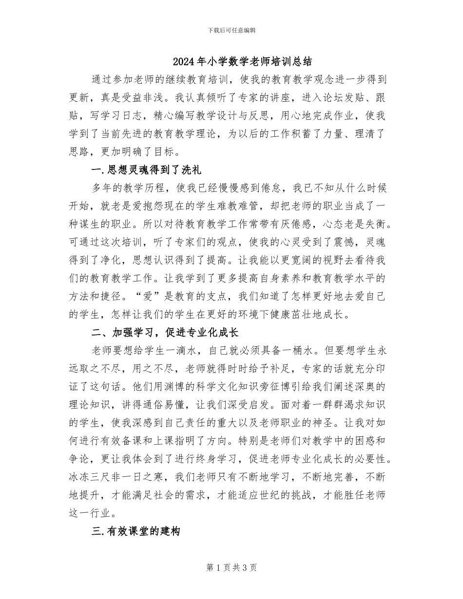 2024年小学数学教师培训总结_第1页