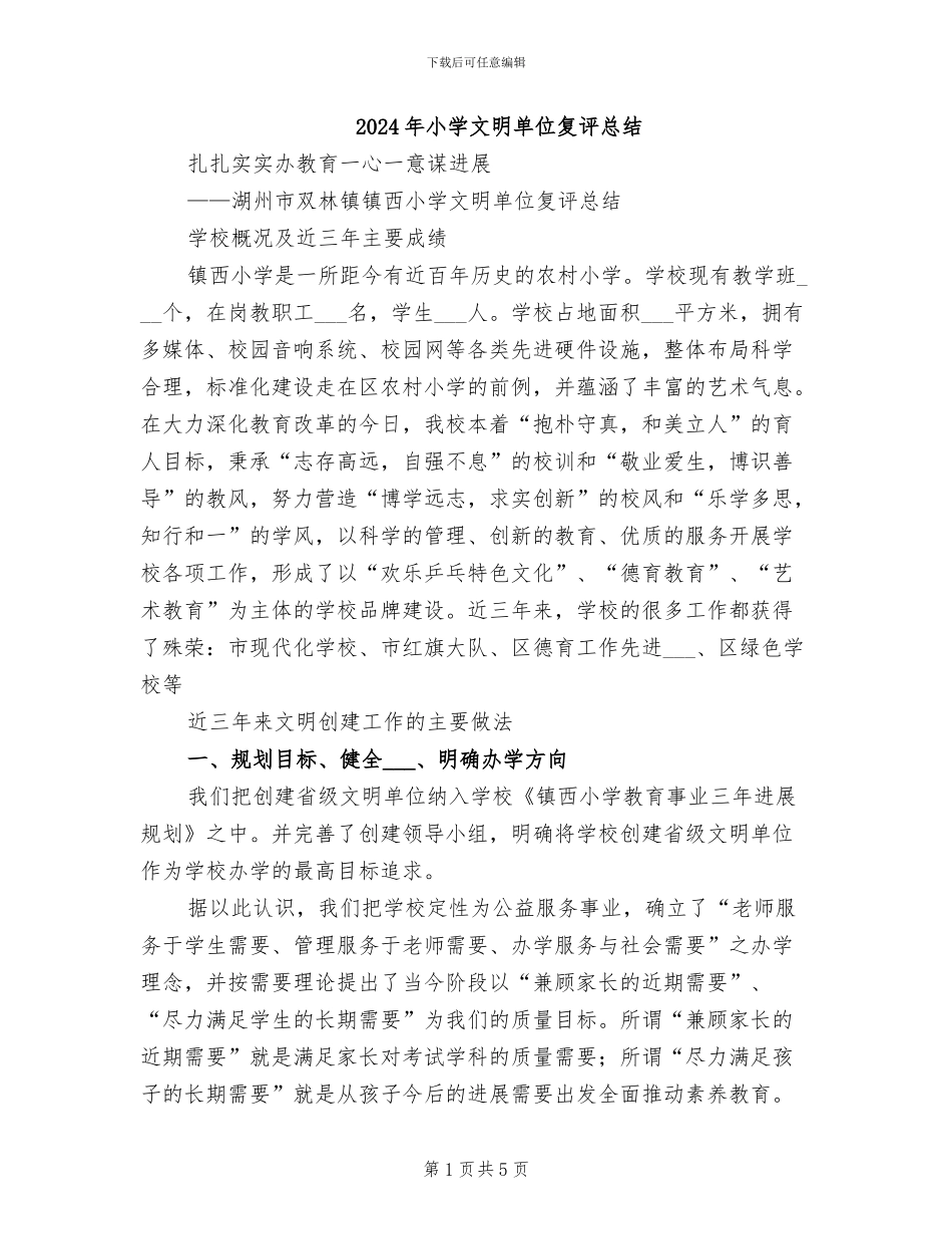 2024年小学文明单位复评总结_第1页