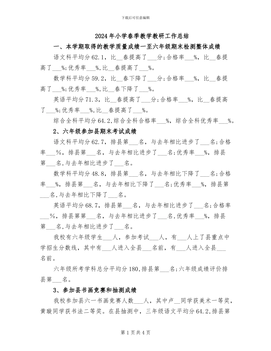 2024年小学春季教学教研工作总结_第1页