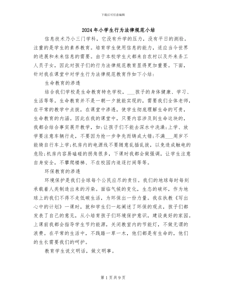 2024年小学生行为规范小结_第1页
