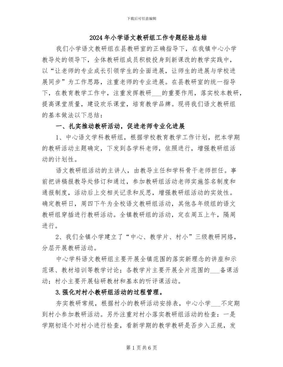 2024年小学语文教研组工作专题经验总结_第1页