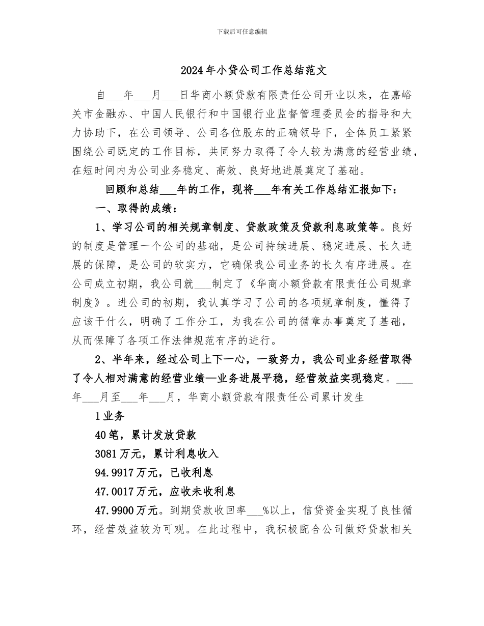 2024年小贷公司工作总结范文_第1页