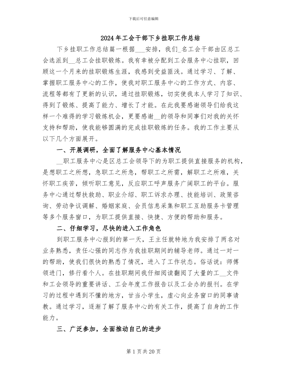 2024年工会干部下乡挂职工作总结_第1页