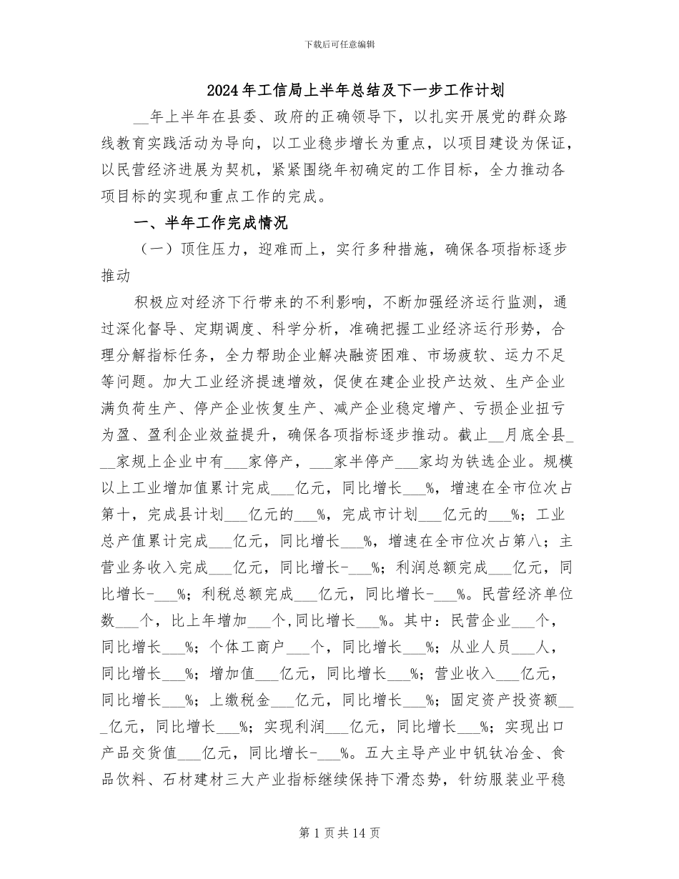 2024年工信局上半年总结及下一步工作计划_第1页