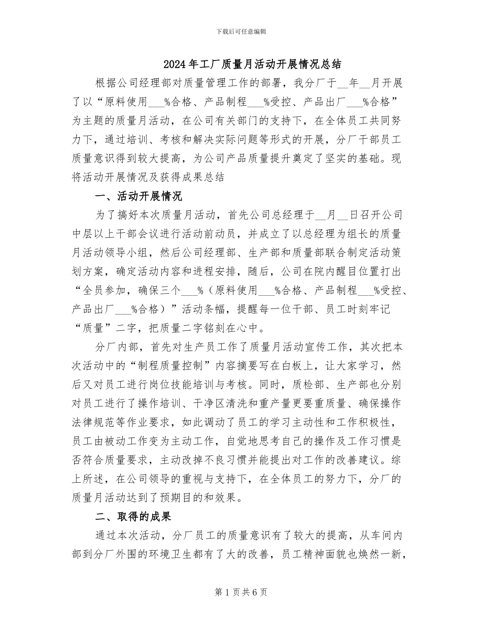 2024年工厂质量月活动开展情况总结_第1页