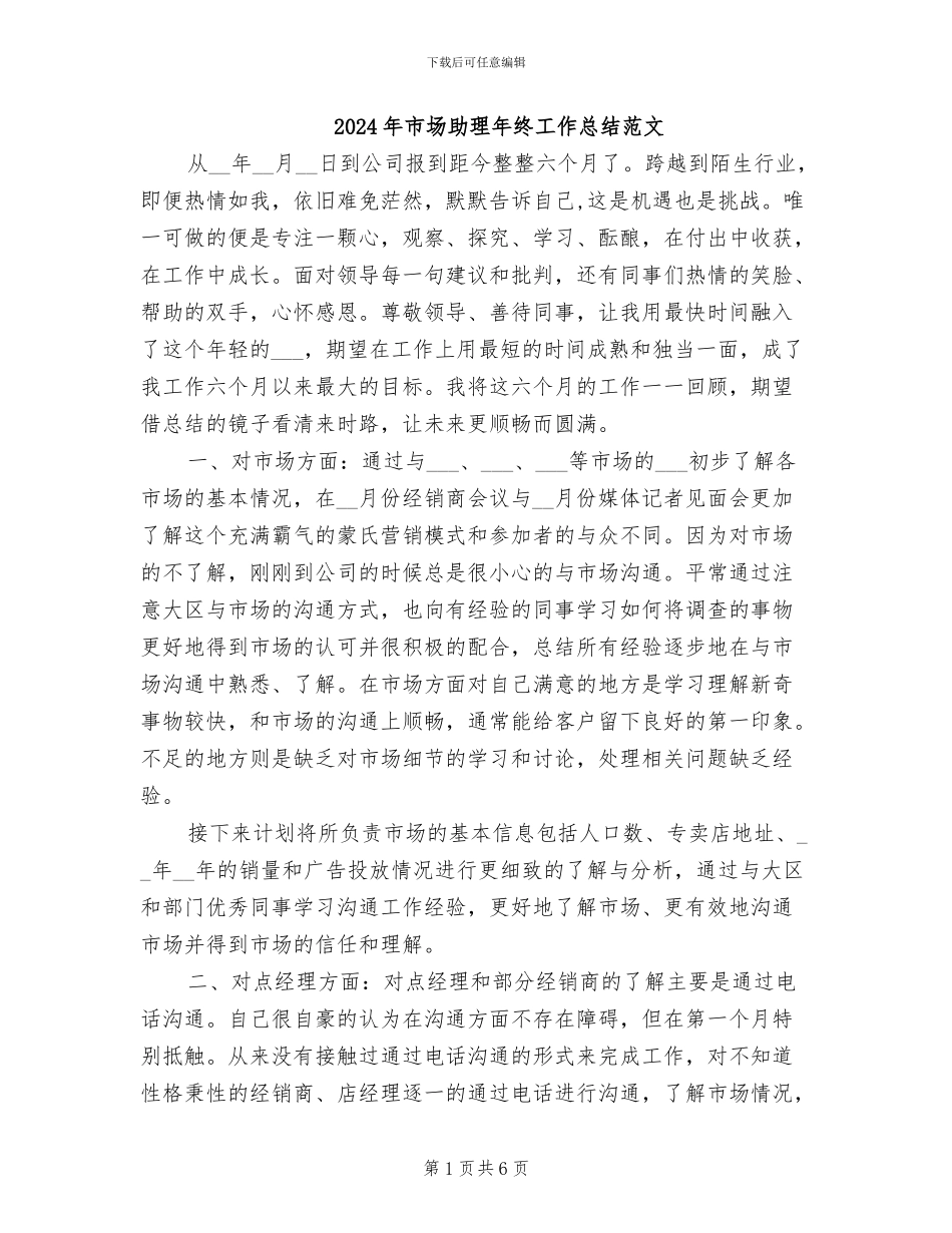 2024年市场助理年终工作总结范文_第1页