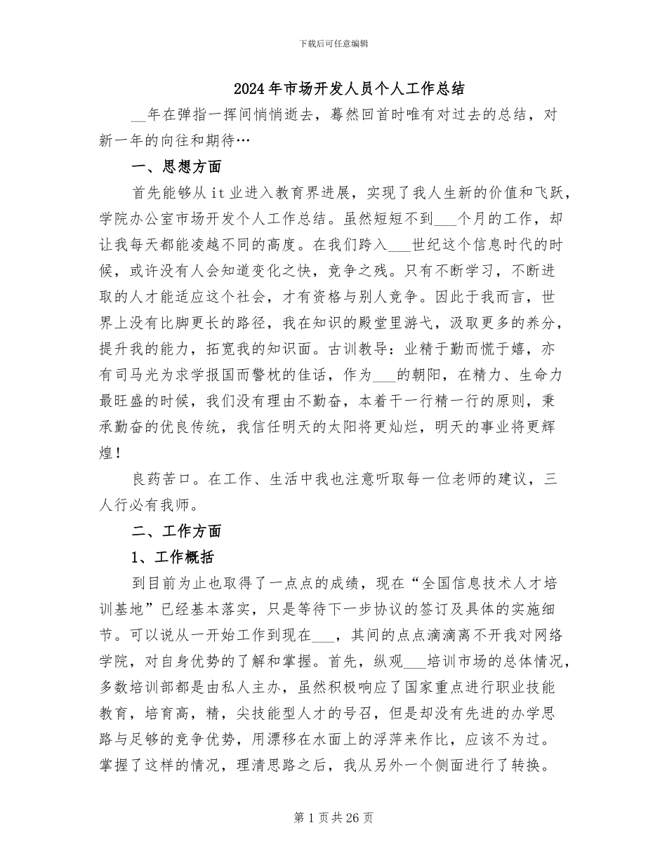 2024年市场开发人员个人工作总结_第1页