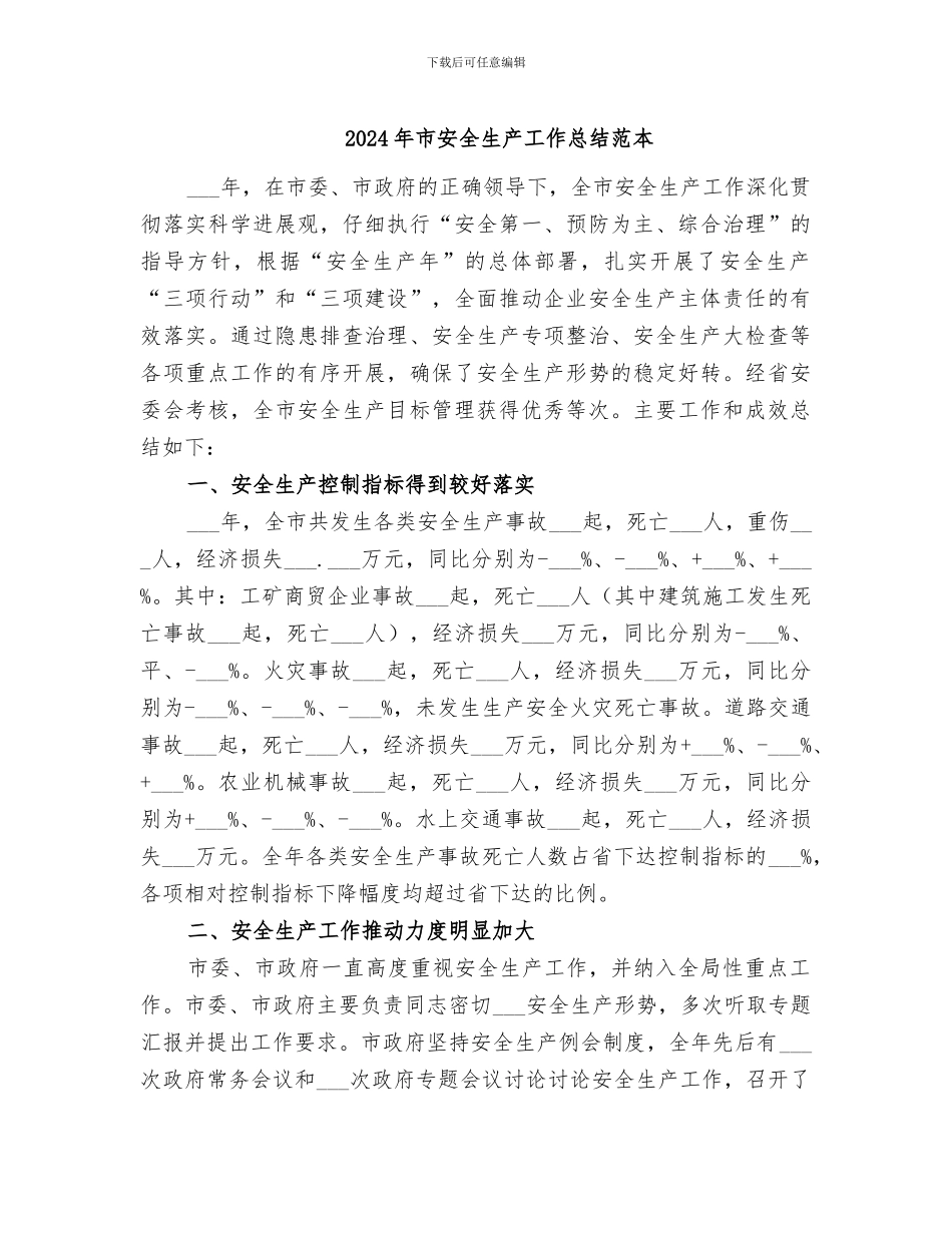 2024年市安全生产工作总结范本_第1页