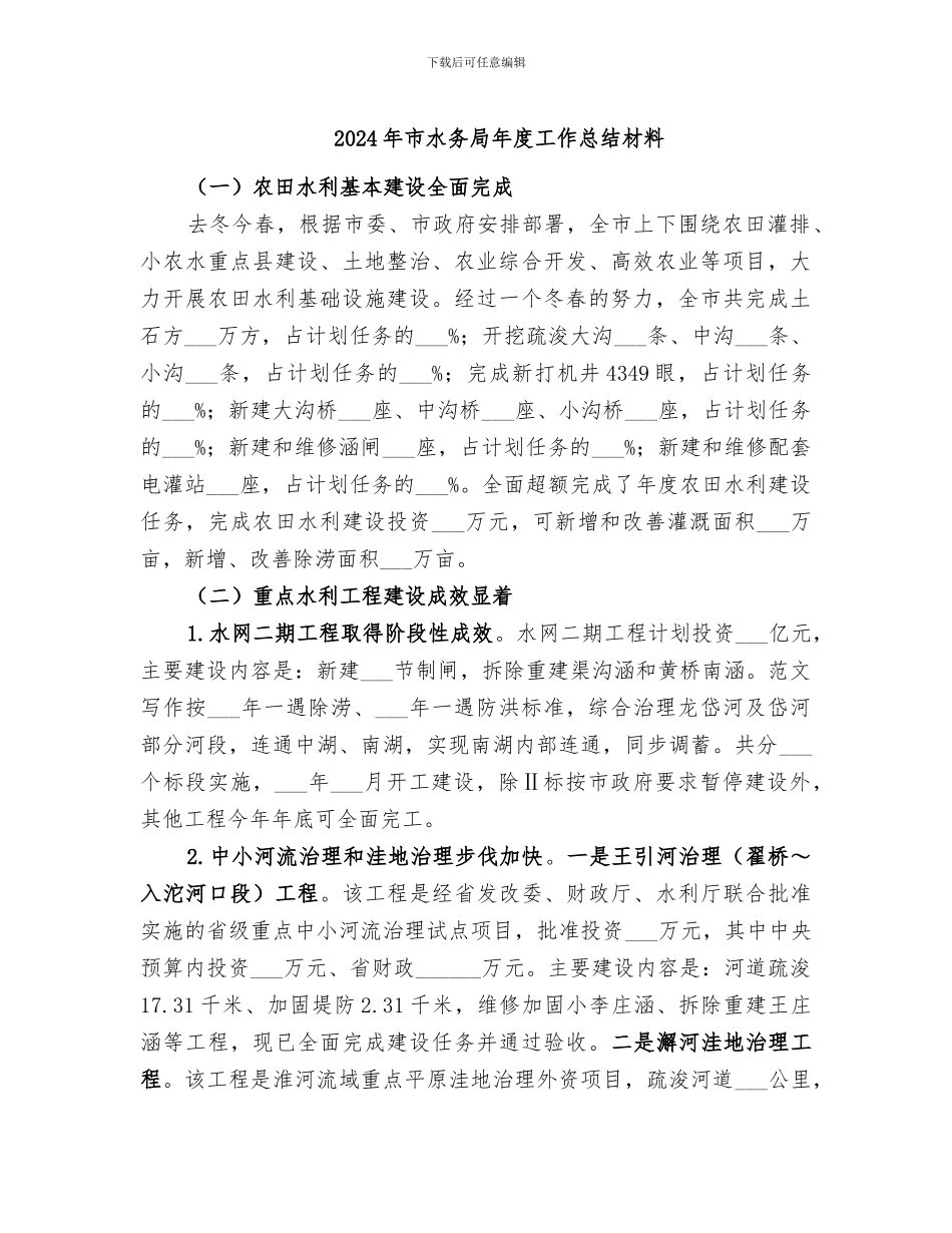 2024年市水务局年度工作总结材料_第1页