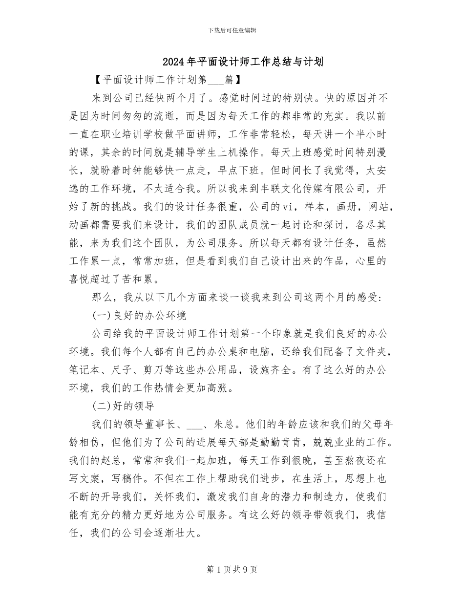 2024年平面设计师工作总结与计划_第1页