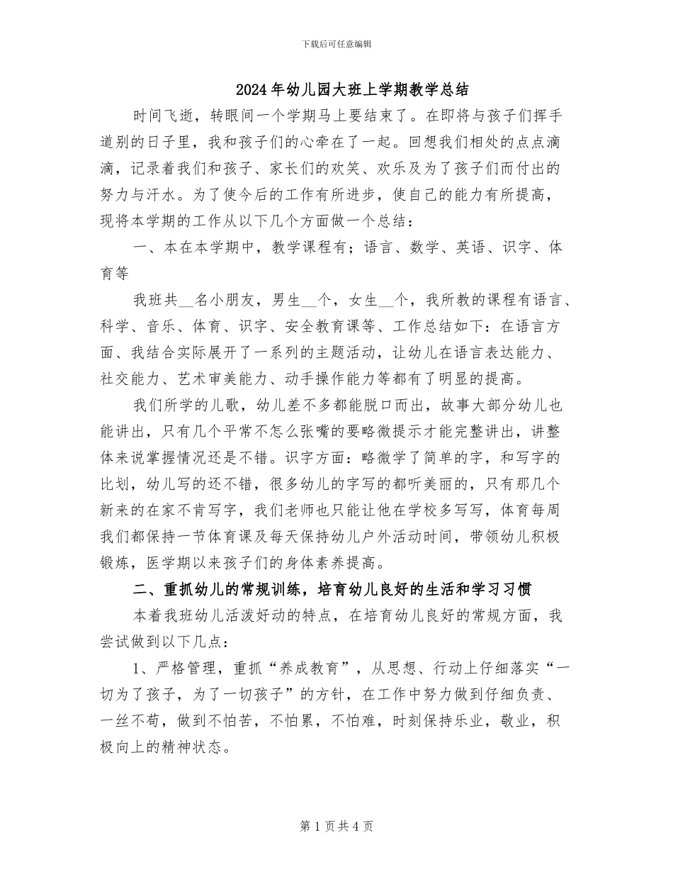 2024年幼儿园大班上学期教学总结_第1页