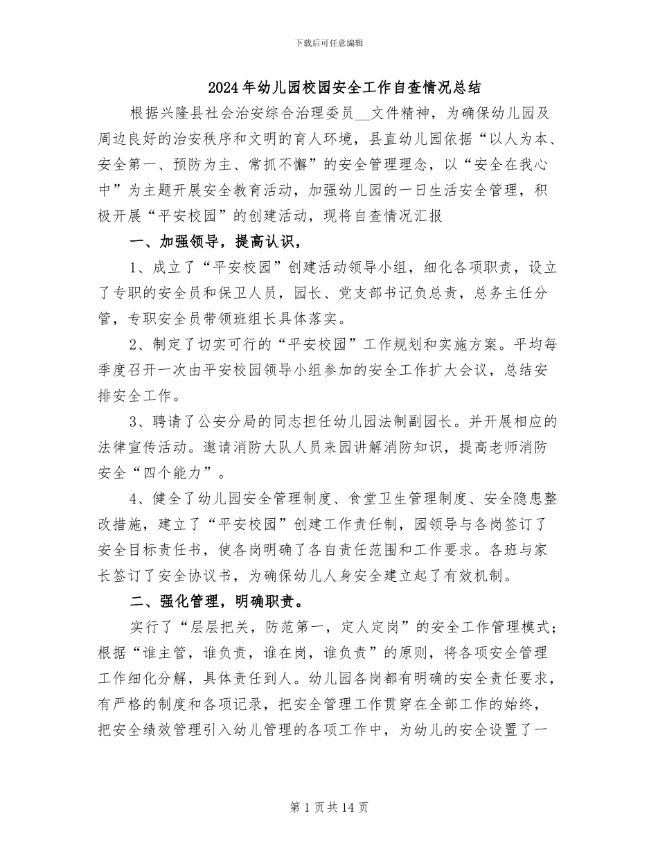 2024年幼儿园校园安全工作自查情况总结_第1页