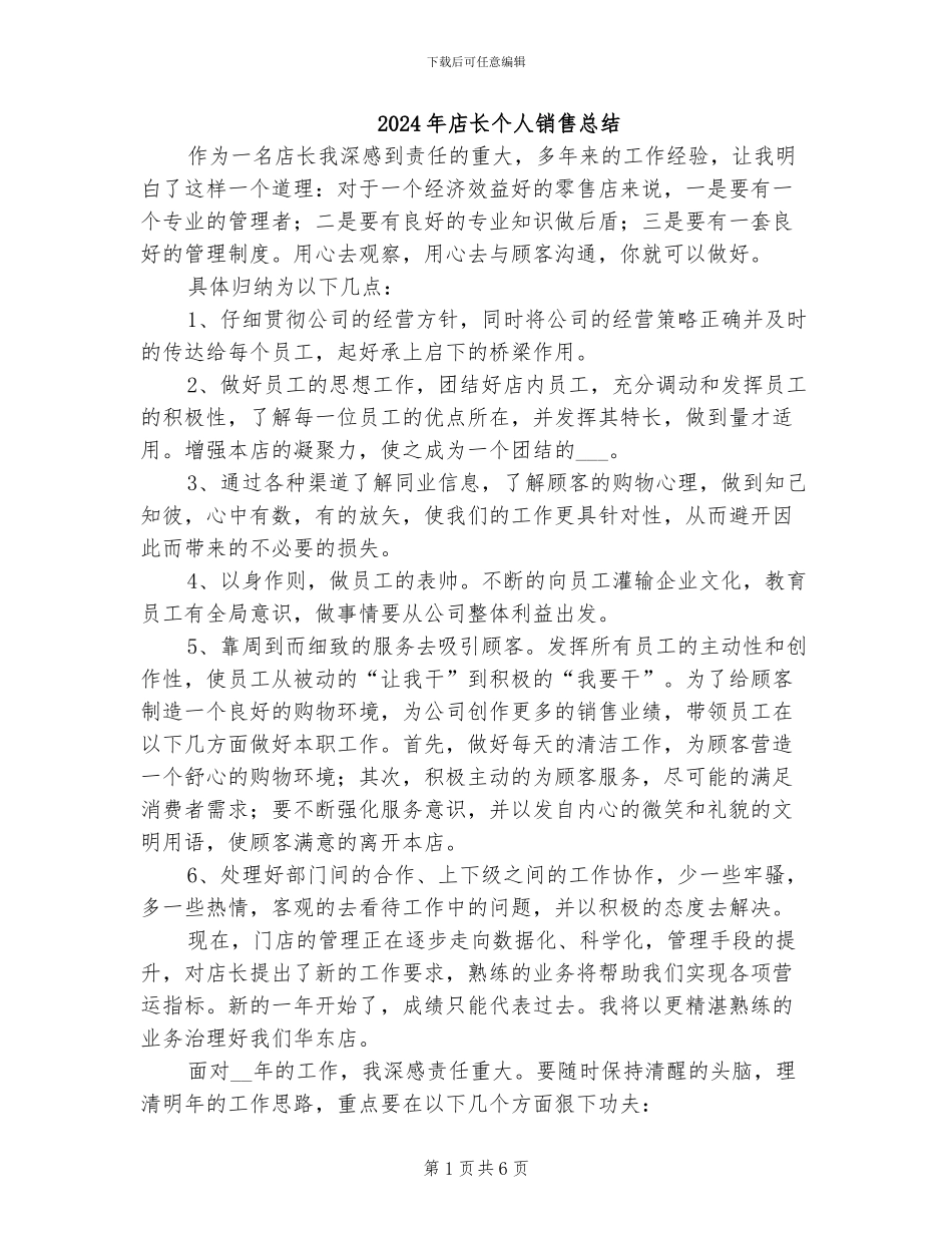 2024年店长个人销售总结_第1页