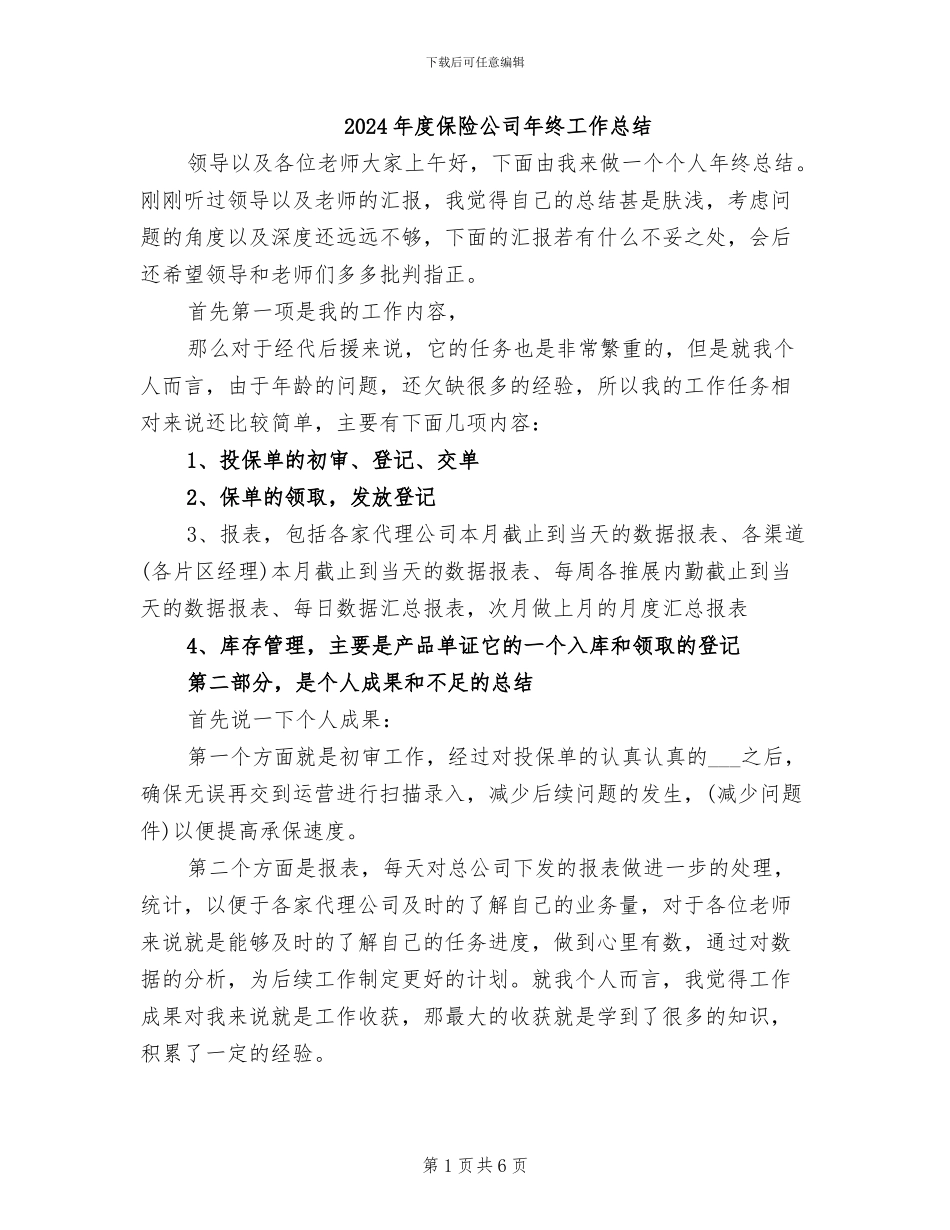 2024年度保险公司年终工作总结_第1页