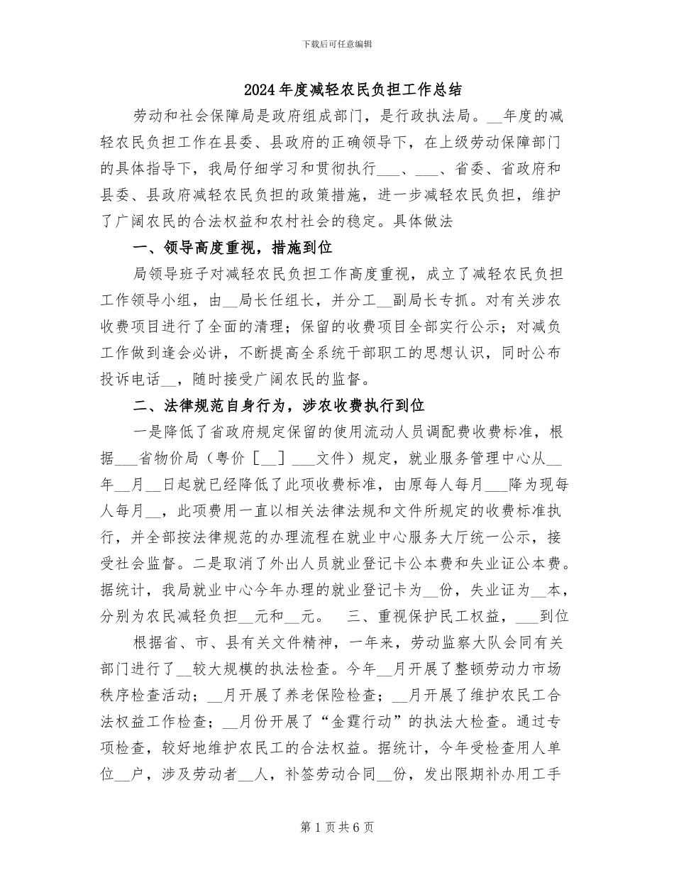 2024年度减轻农民负担工作总结_第1页
