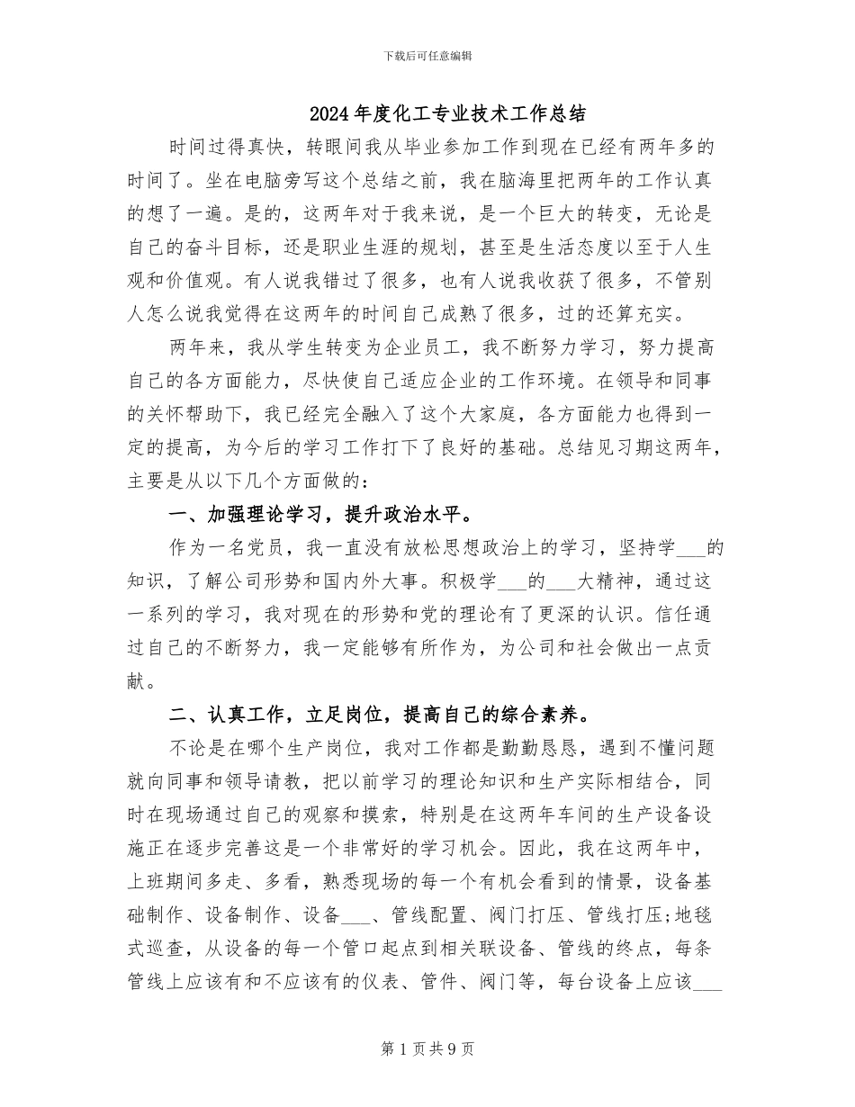 2024年度化工专业技术工作总结_第1页
