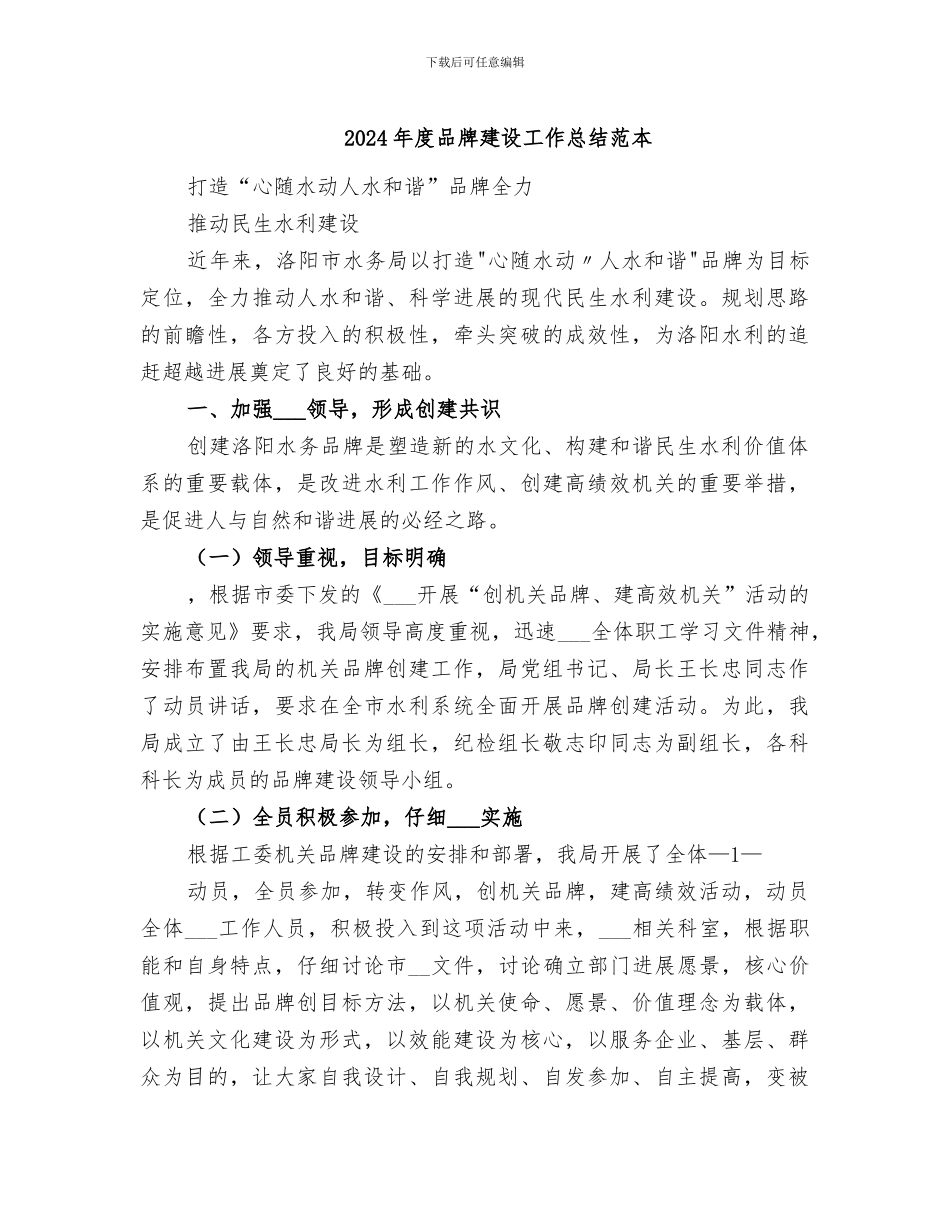 2024年度品牌建设工作总结范本_第1页