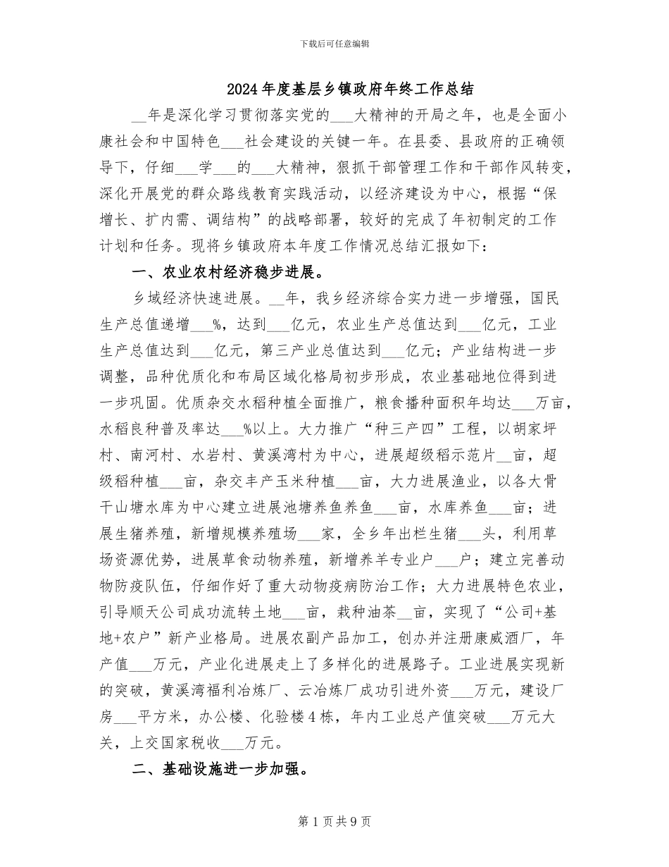 2024年度基层乡镇政府年终工作总结_第1页