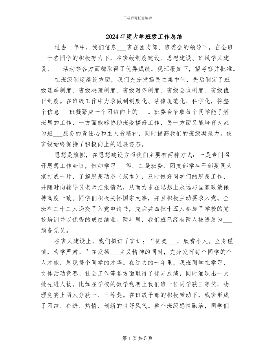 2024年度大学班级工作总结_第1页