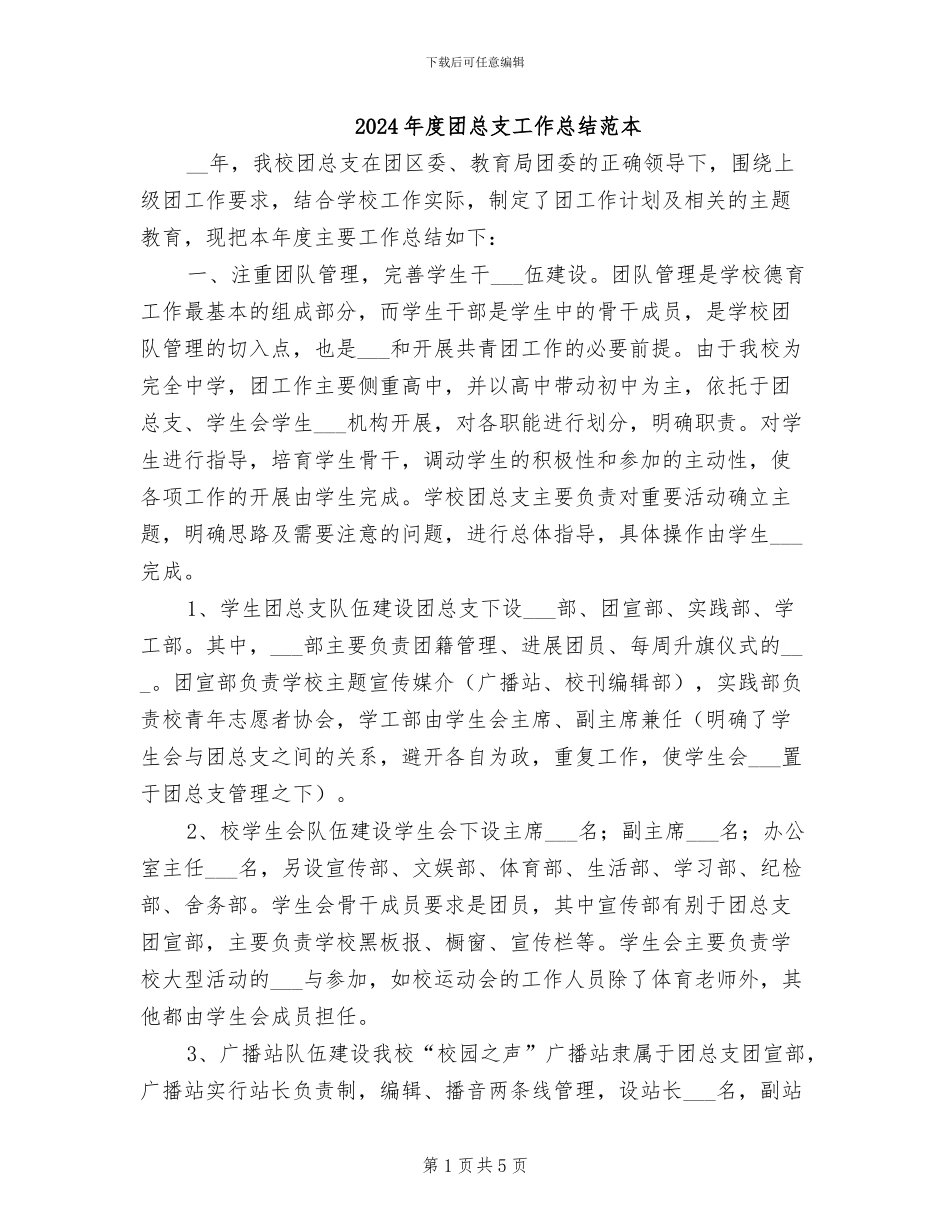 2024年度团总支工作总结范本_第1页