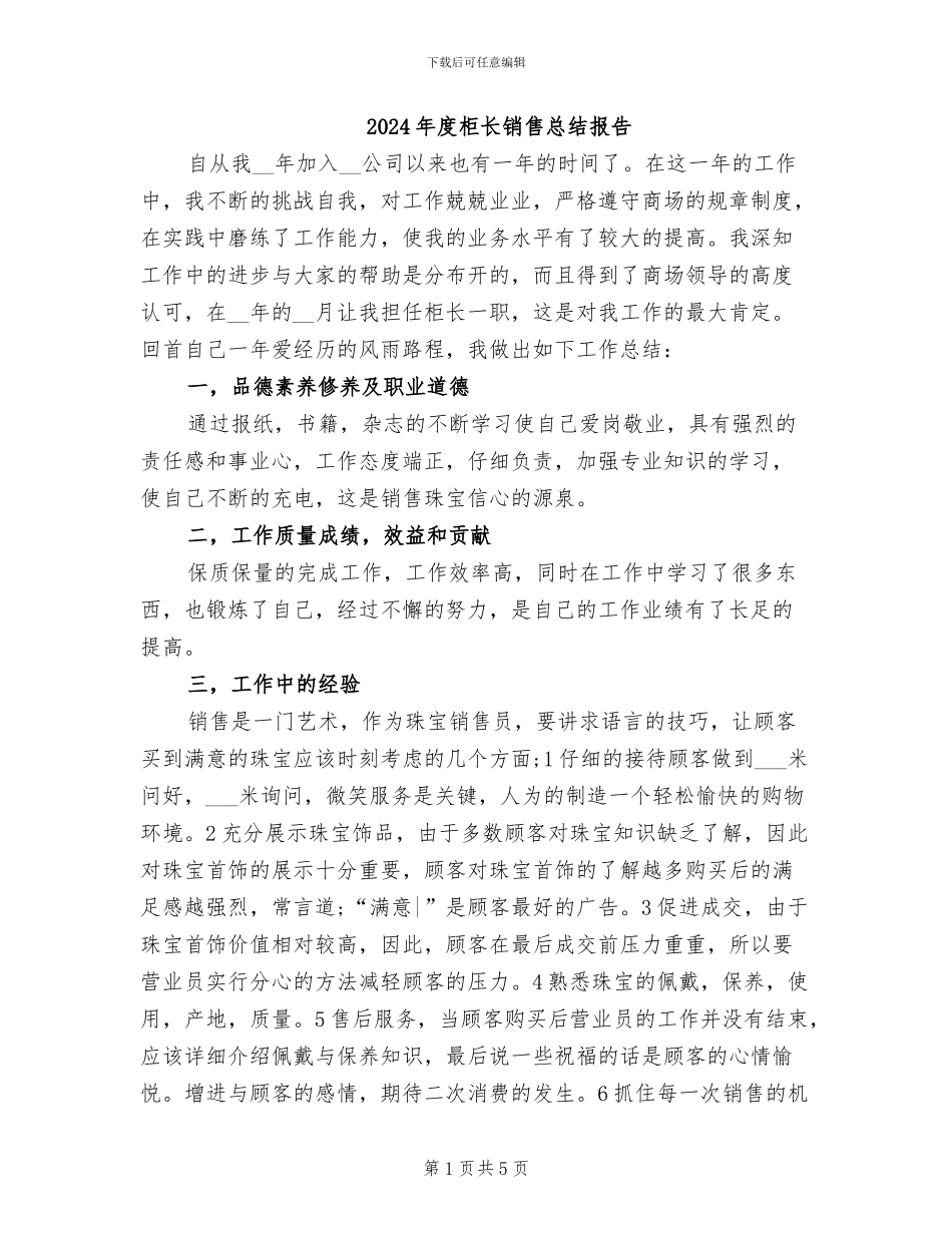 2024年度柜长销售总结报告_第1页
