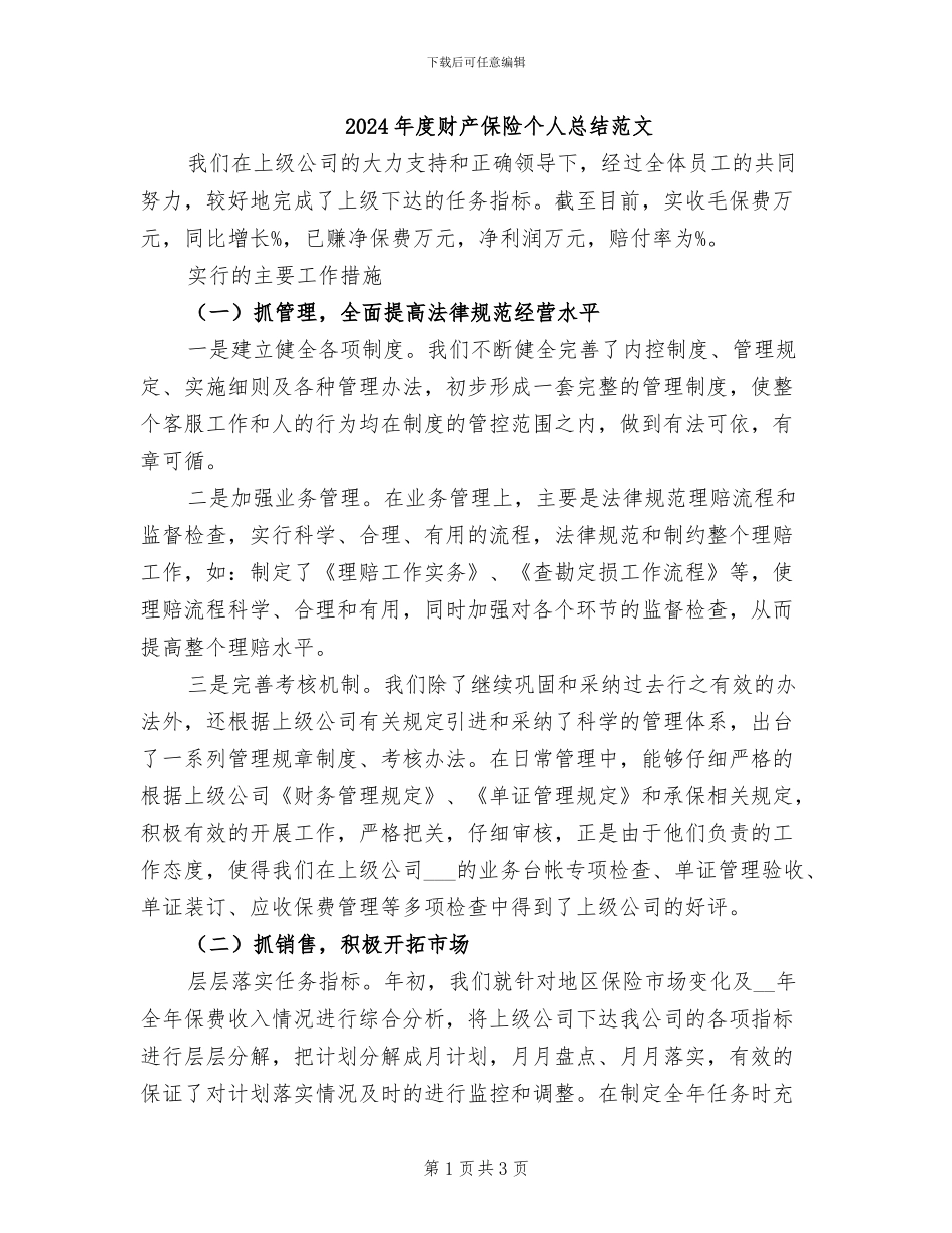 2024年度财产保险个人总结范文_第1页