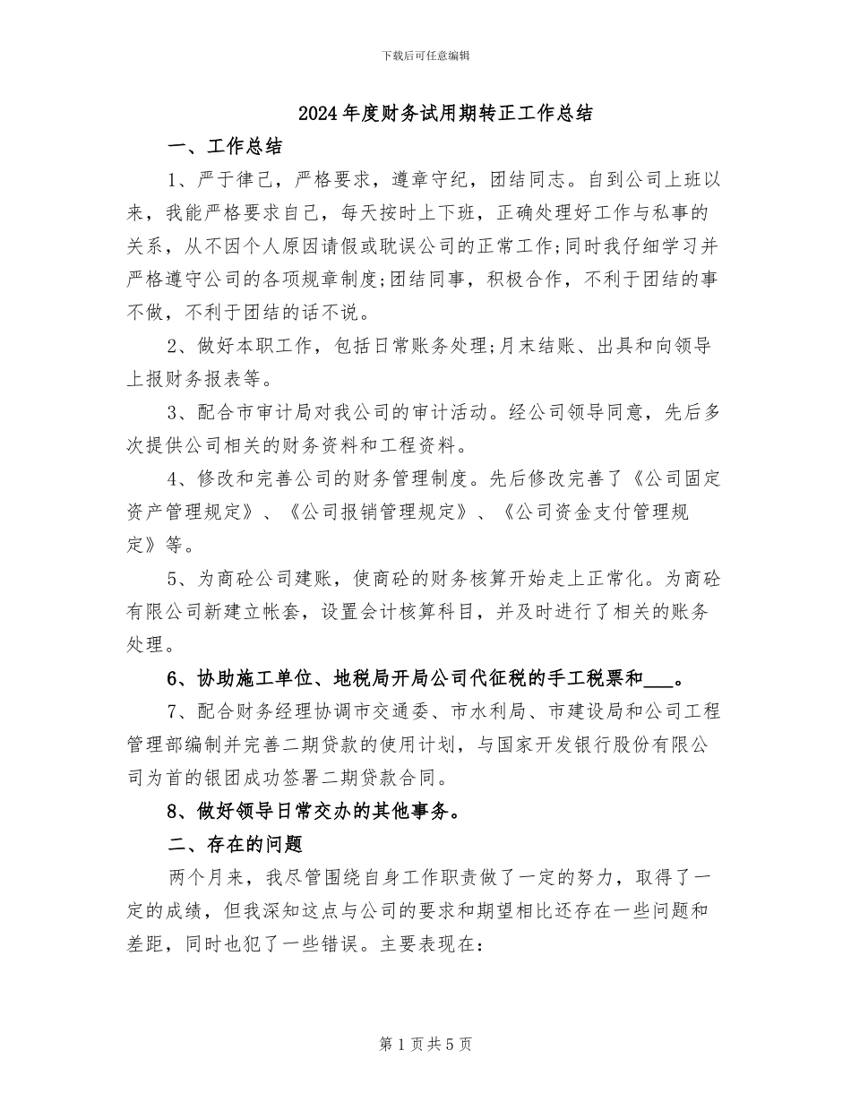 2024年度财务试用期转正工作总结_第1页