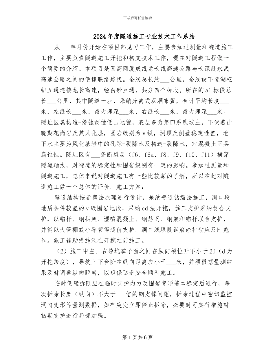 2024年度隧道施工专业技术工作总结_第1页