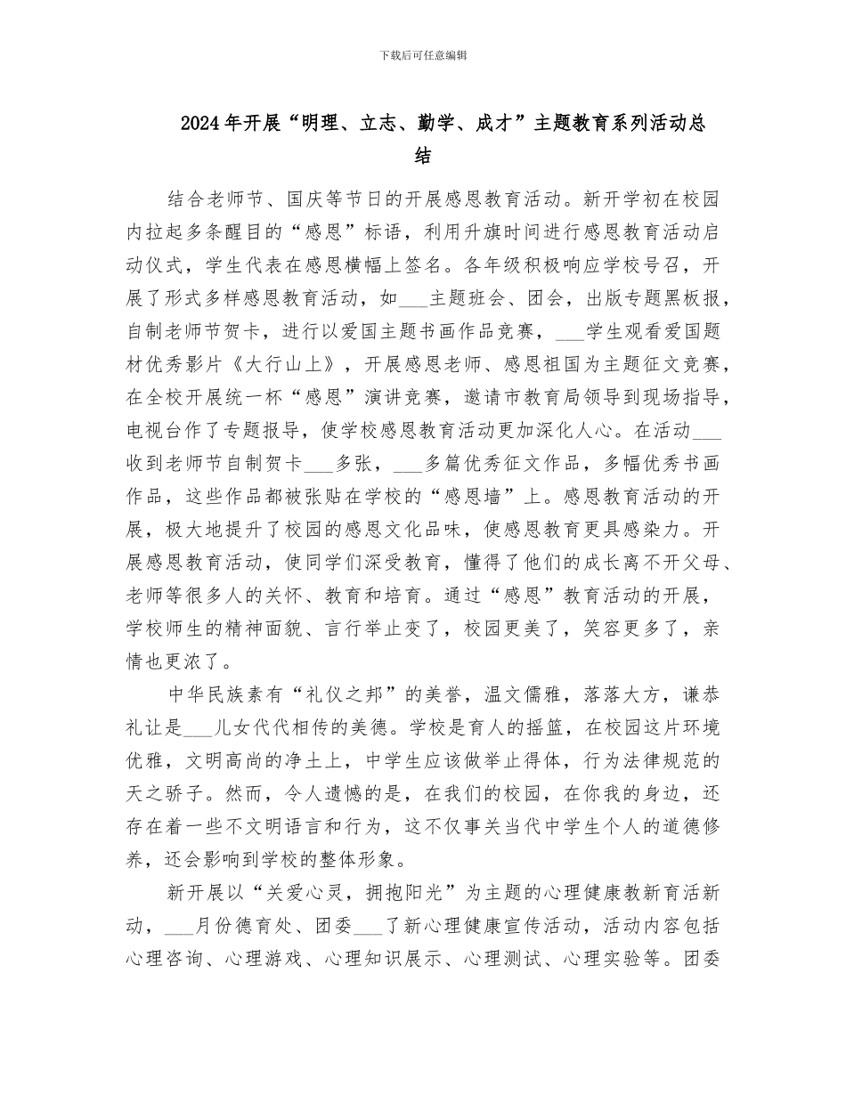2024年开展“明理、立志、勤学、成才”主题教育系列活动总结_第1页