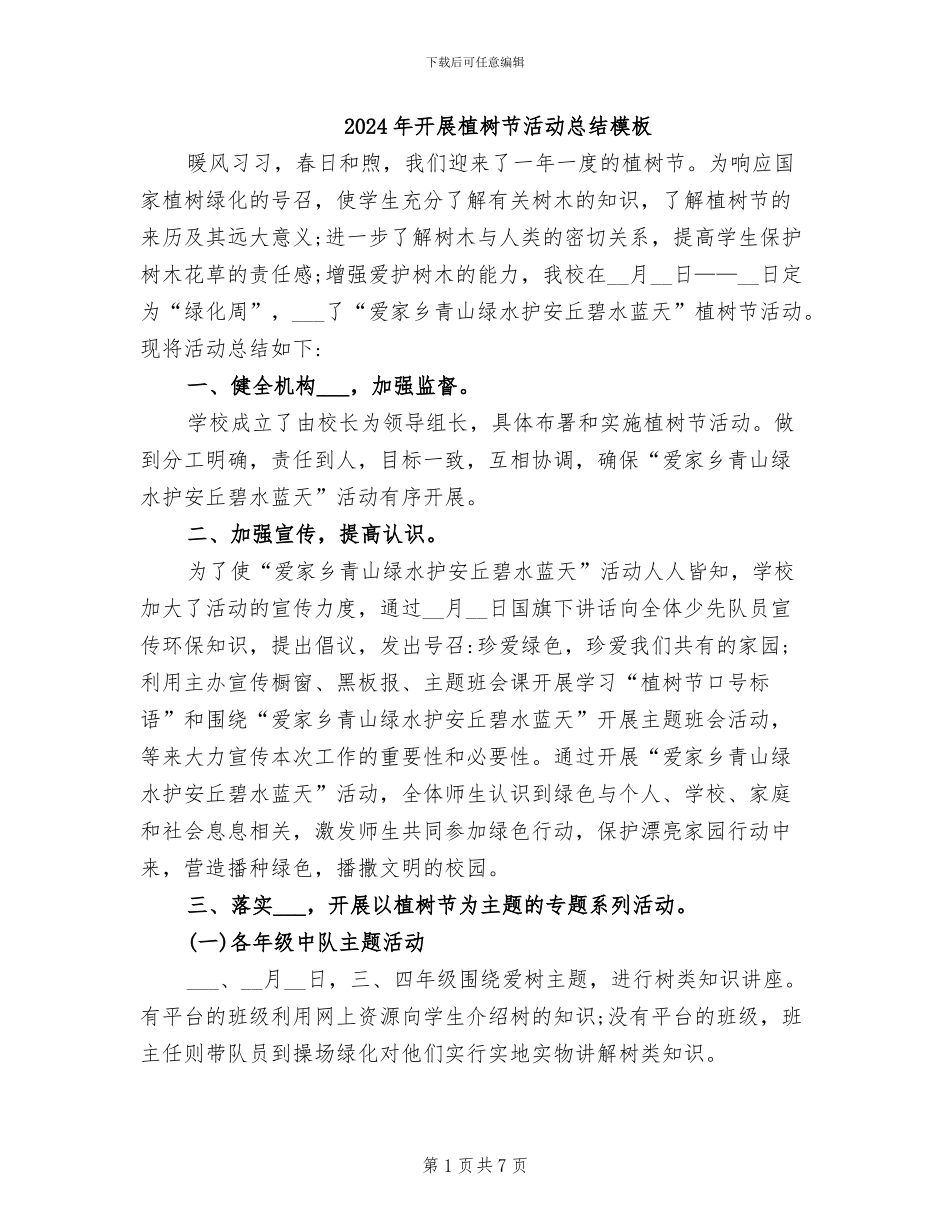 2024年开展植树节活动总结模板_第1页