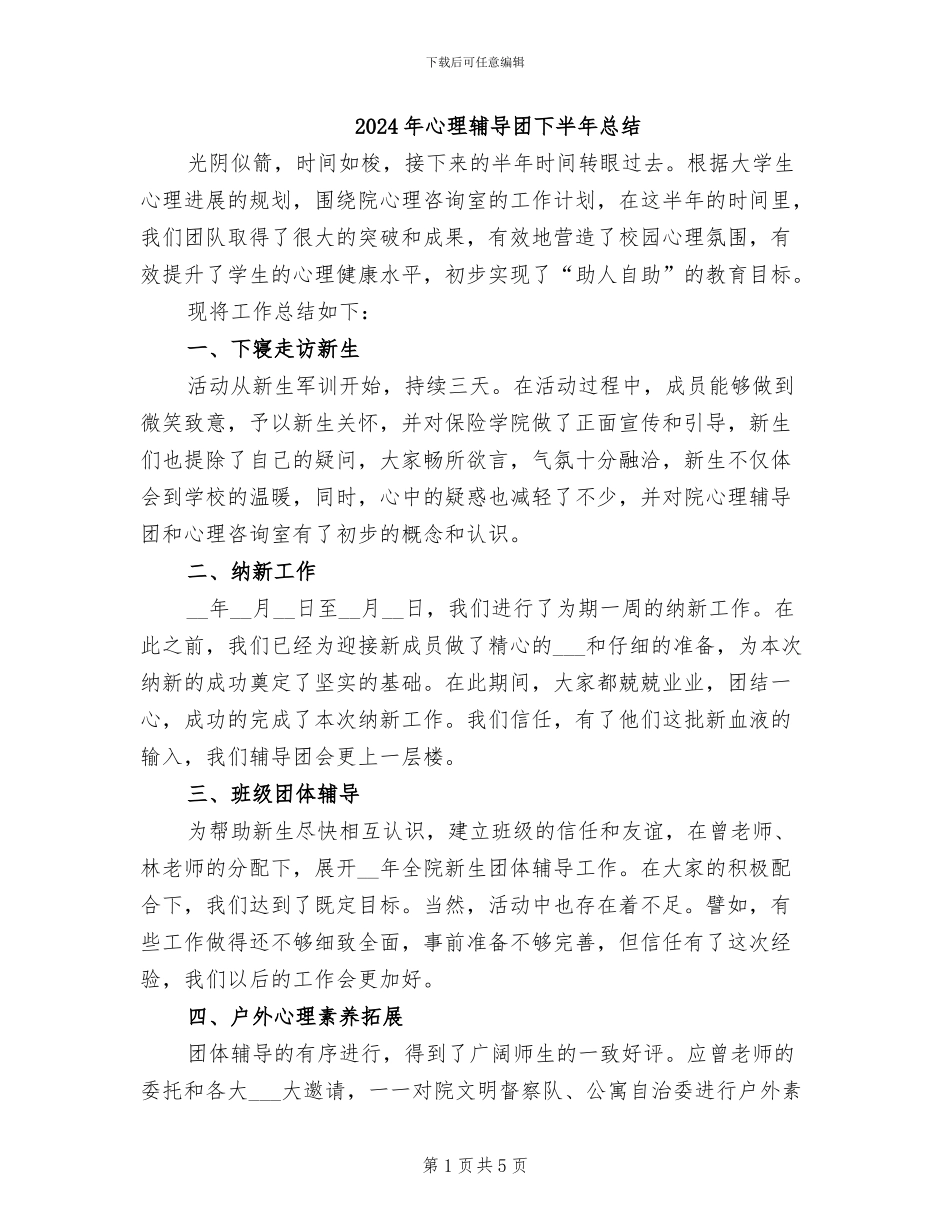 2024年心理辅导团下半年总结_第1页