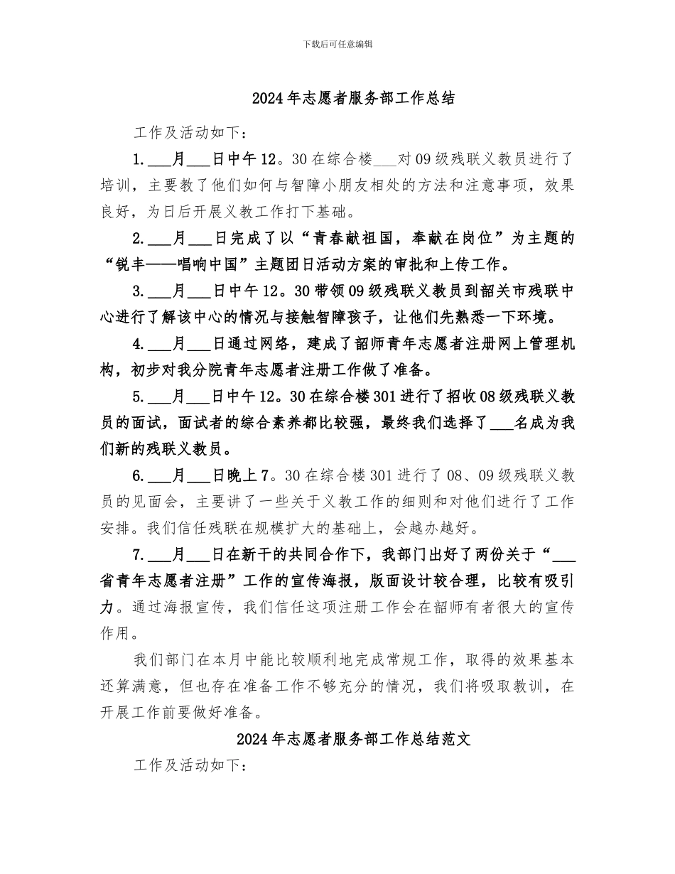 2024年志愿者服务部工作总结_第1页