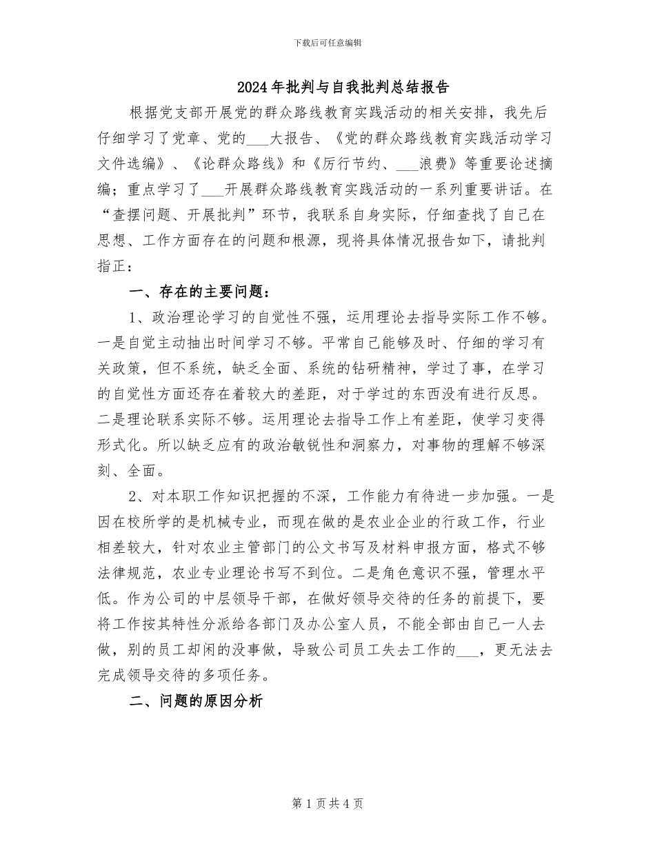 2024年批评与自我批评总结报告_第1页