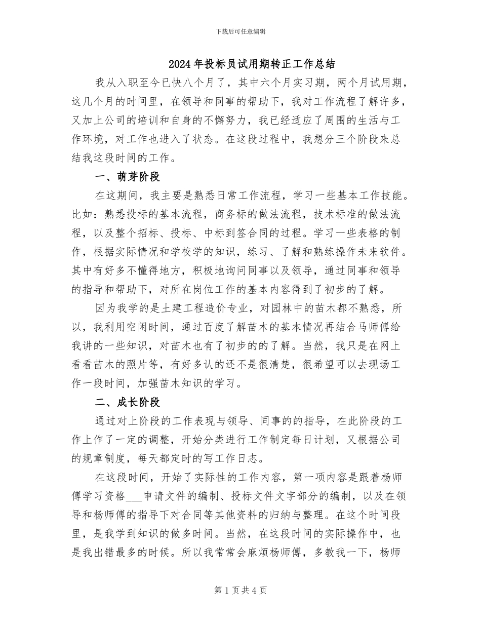 2024年投标员试用期转正工作总结_第1页