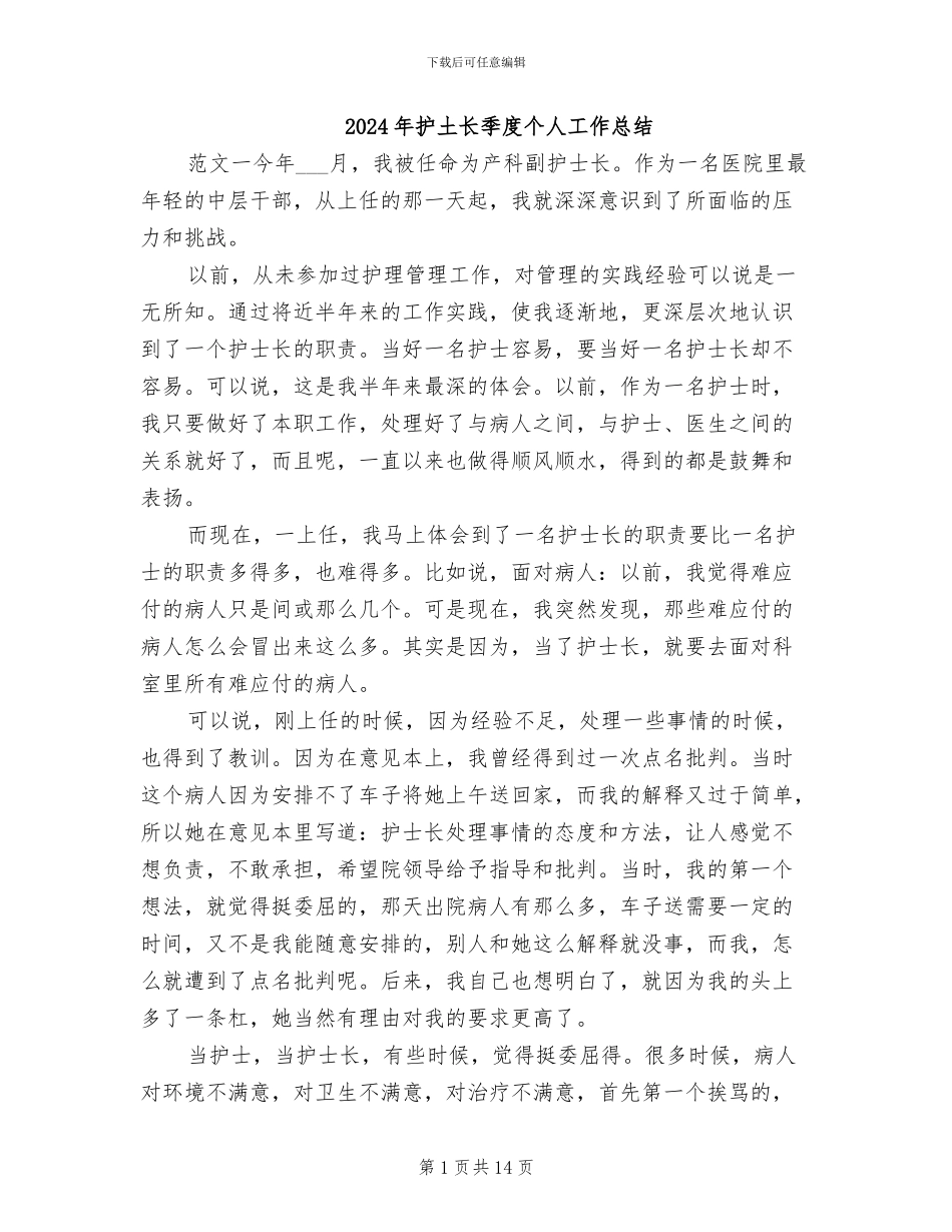 2024年护土长季度个人工作总结_第1页