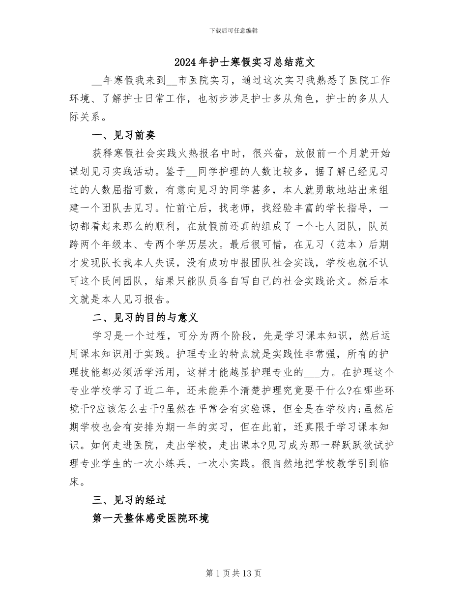 2024年护士寒假实习总结范文_第1页