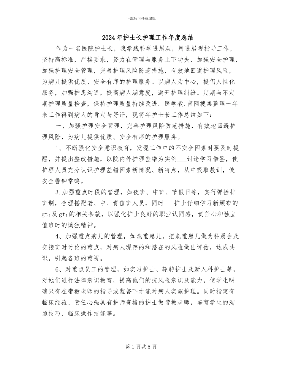 2024年护士长护理工作年度总结_第1页