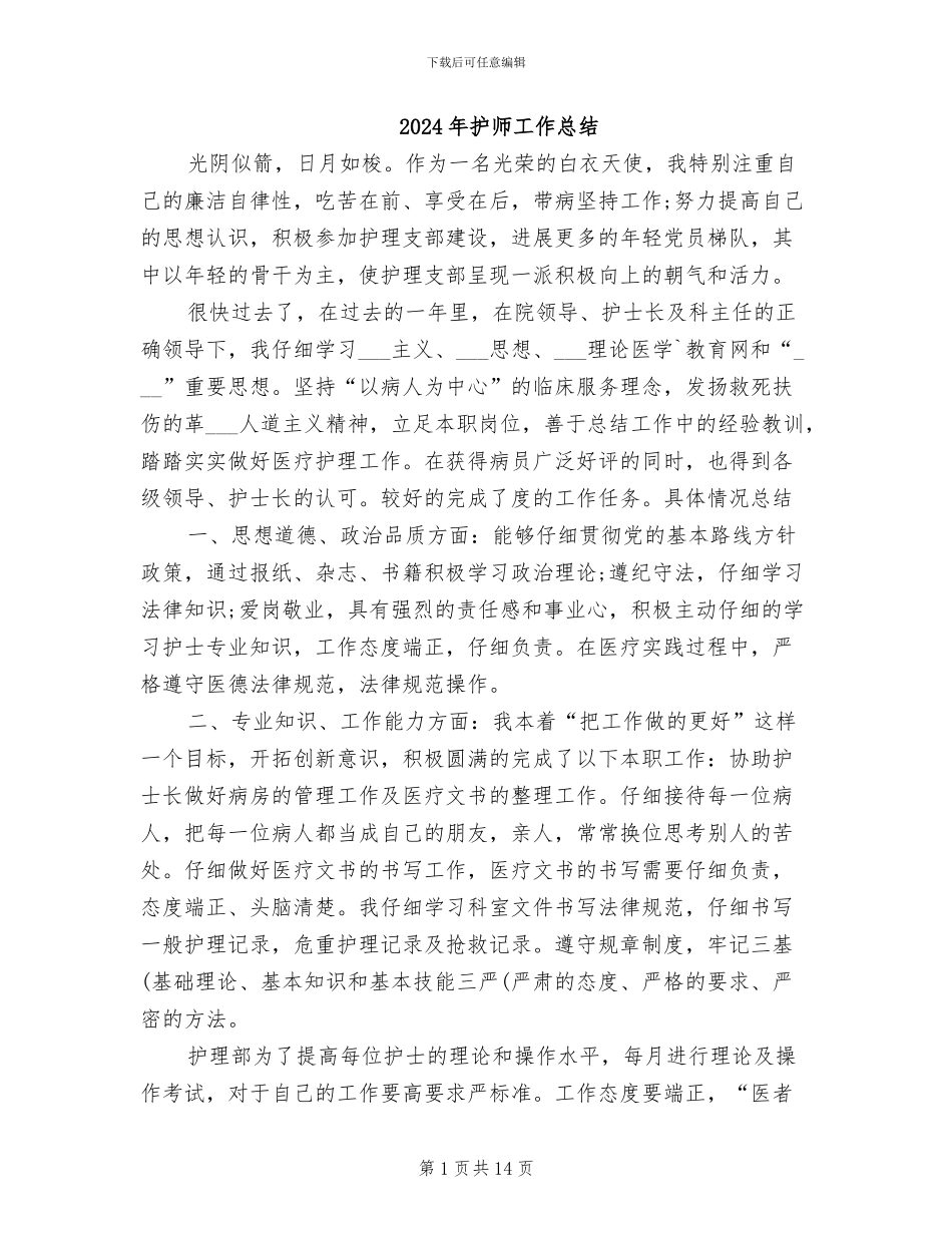 2024年护师工作总结_第1页