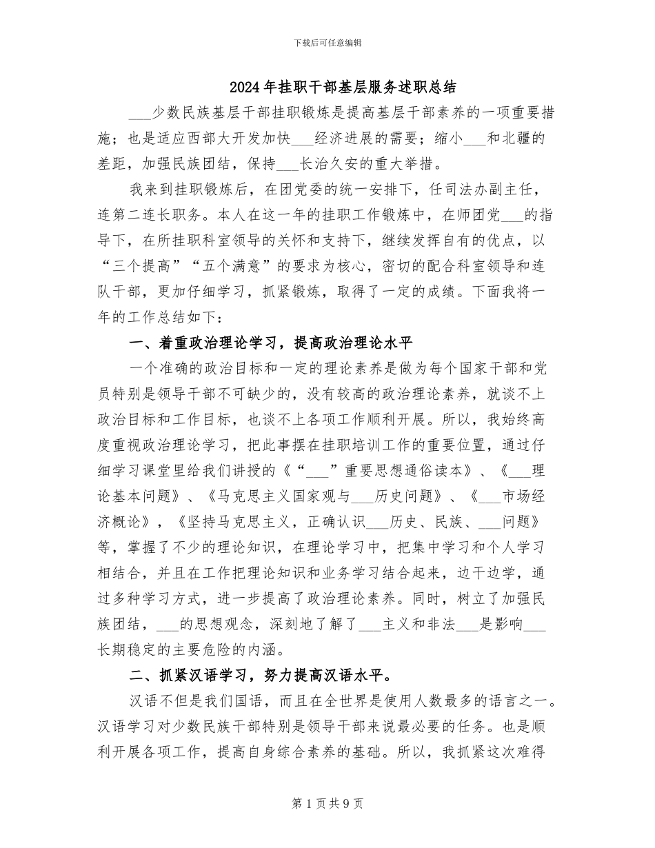 2024年挂职干部基层服务述职总结_第1页