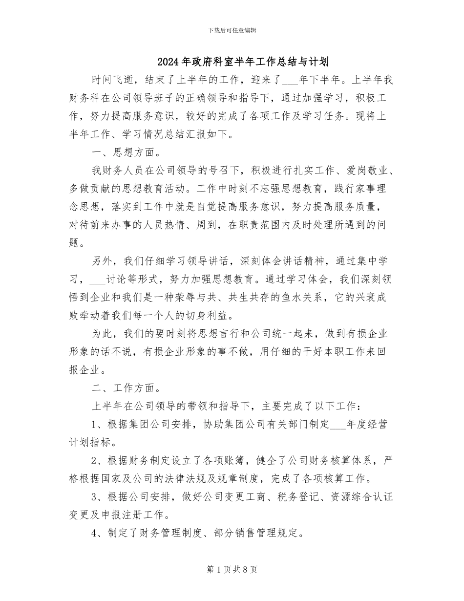 2024年政府科室半年工作总结与计划_第1页