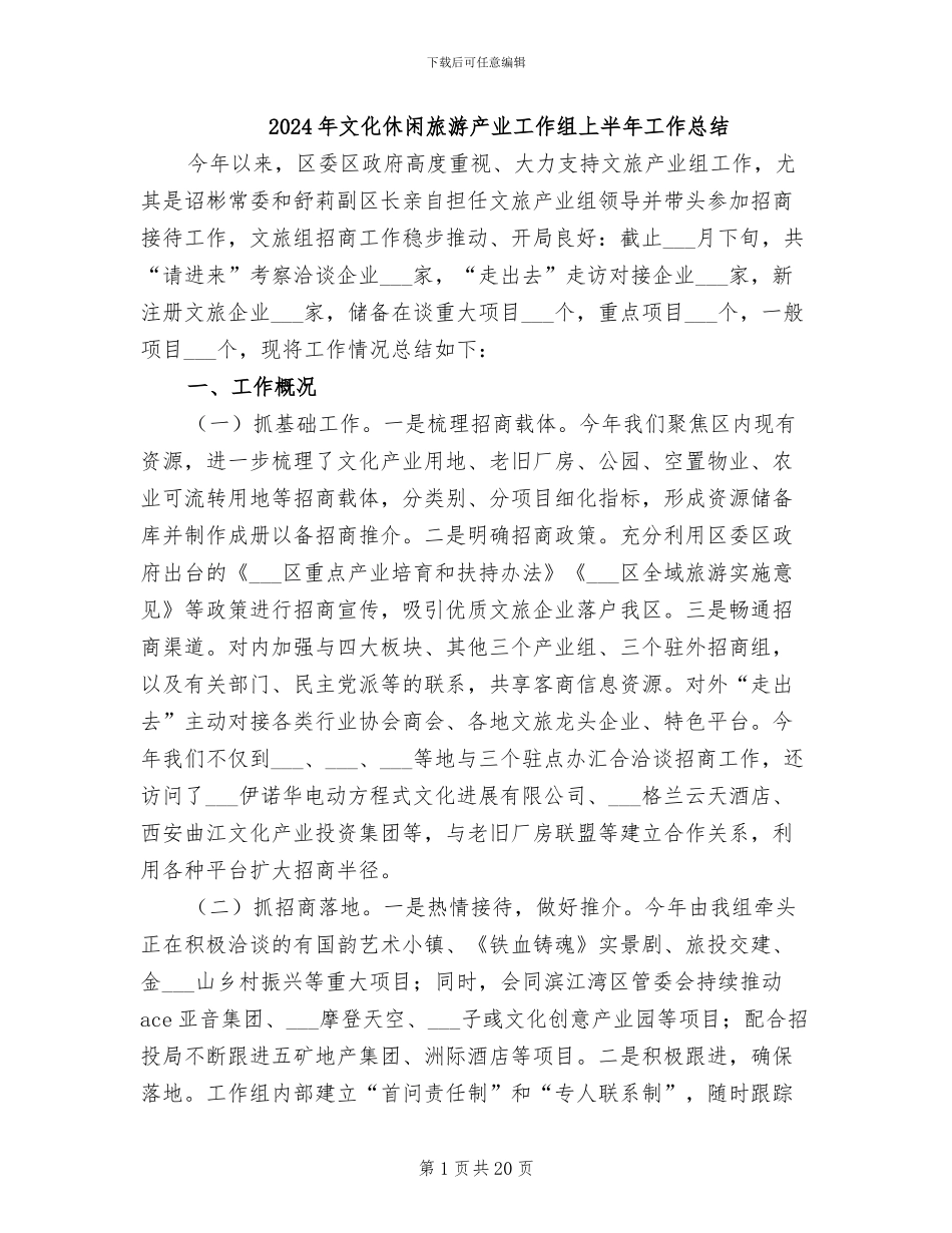 2024年文化休闲旅游产业工作组上半年工作总结_第1页
