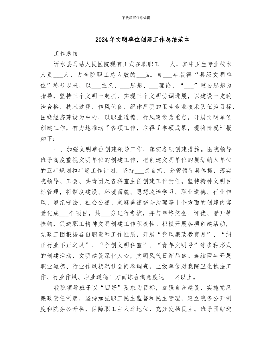 2024年文明单位创建工作总结范本_第1页